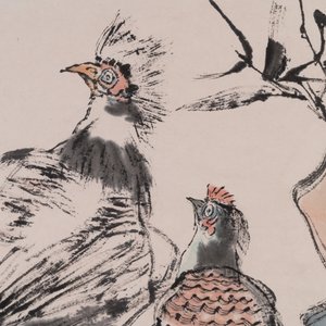 Cheng Shifa 程十发 (1921-2007): 'Dame jouant du Pipa pour deux aigles', encre et couleur sur papier, datée 1988 — photo 5