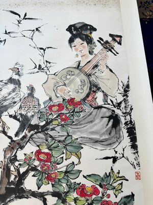 Cheng Shifa 程十发 (1921-2007): 'Pipa playing lady and two eagles', ink and colour on paper, dated 1988 — 照片 2