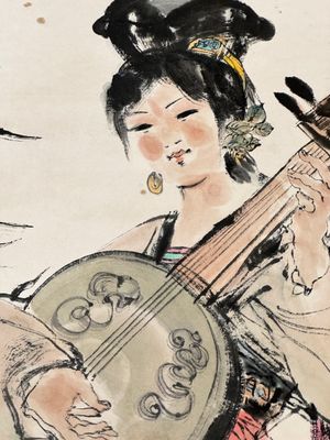 Cheng Shifa 程十发 (1921-2007): 'Pipa playing lady and two eagles', ink and colour on paper, dated 1988 — 照片 6