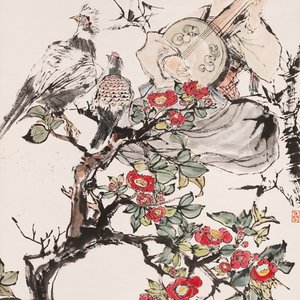 Cheng Shifa 程十发 (1921-2007): 'Pipa playing lady and two eagles', ink and colour on paper, dated 1988 — 照片 2
