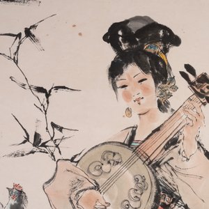 Cheng Shifa 程十发 (1921-2007): 'Pipa playing lady and two eagles', ink and colour on paper, dated 1988 — 照片 4