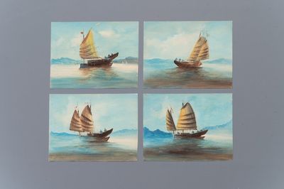 Chinese Canton school: 'Europese koopvaardijschepen', gouache op papier, 18/19e eeuw