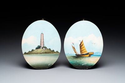 Chinese Canton school: 'Whampoa Pagoda' and 'Trading Junk South China', gouache on panel, 19th C.