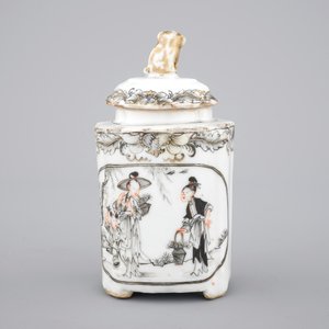 Chinese grisaille export porcelain: a tea caddy, saucer and teapot stand, 18th C — foto 4