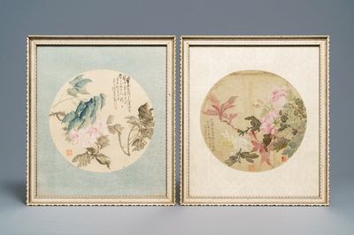 Chinese school, 18/19e eeuw, aquarel en inkt op zijde: twee florale decors voor een waaier