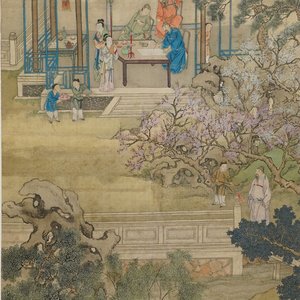 Chinese school, 18/19e eeuw, inkt en kleur op zijde: 'landschap met figuren bij een pagode' — foto 1