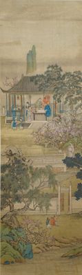 Chinese school, 18/19th C., ink and colour on silk: 'landscape with figures near a pagoda'