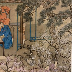 Chinese school, 18/19th C., ink and colour on silk: 'landscape with figures near a pagoda' — 照片 11