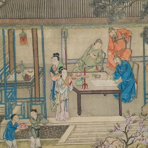 Chinese school, 18/19th C., ink and colour on silk: 'landscape with figures near a pagoda' — 照片 3