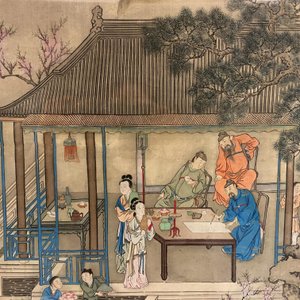 Chinese school, 18/19th C., ink and colour on silk: 'landscape with figures near a pagoda' — 照片 10
