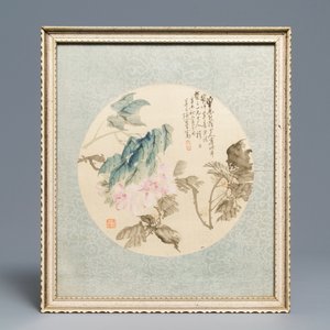 Chinese school, 18/19th C., watercolour and ink on silk: two floral fan leaves — photo 3