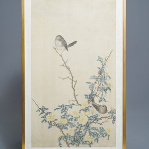 Chinese school, 19th C., ink and colour on silk: 'birds on blossoming branches' — photo 1