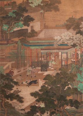 Chinese school: 'A bear breaks into the palace', ink and colour on silk, Qing