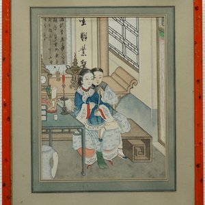 Chinese school: A couple lighting the opium pipe, ink and colour on paper, 18/19th C. — 照片 1