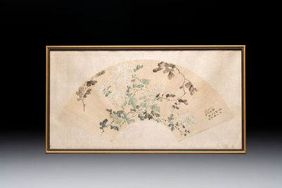 Chinese school: a framed painted fan with flowers, ink and colour on paper, dated 1924