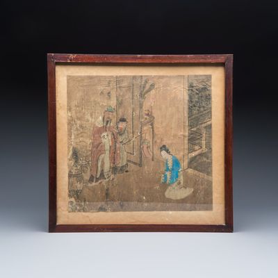 Chinese school: A narrative scene with figures, ink and colour on silk, 19th C.