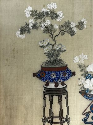Chinese school: a set of three 'Floral Arrangements' paintings, ink and colour on silk, Republic — photo 10