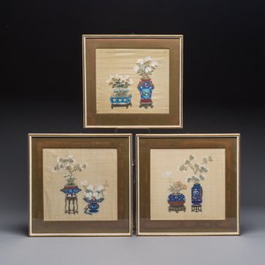 Chinese school: a set of three 'Floral Arrangements' paintings, ink and colour on silk, Republic — photo 1