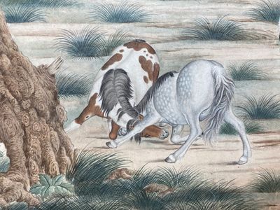 Chinese school, after Giuseppe Castiglione 郎世寧 (1688-1766): '100 horses', handscroll, ink and colour on paper, 18/19th C. — photo 46
