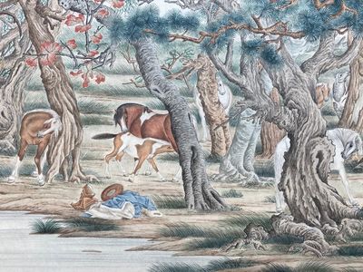 Chinese school, after Giuseppe Castiglione 郎世寧 (1688-1766): '100 horses', handscroll, ink and colour on paper, 18/19th C. — photo 50
