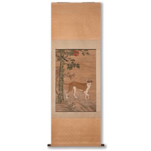 Chinese school, after Giuseppe Castiglione 郎世寧 (1688-1766): 'Hound under the sycamore tree', ink and colour on silk, Qianlong seal mark,18/19th C. — foto 2