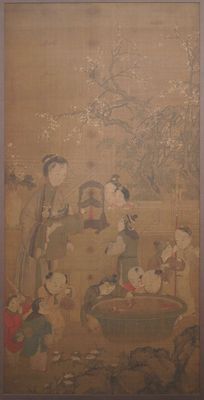 Chinese school, after Su Hanchen (1094-1172), ink and colour on silk: a lady and children near a fish bowl