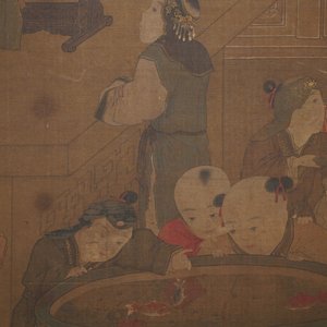 Chinese school, after Su Hanchen (1094-1172), ink and colour on silk: a lady and children near a fish bowl — photo 3