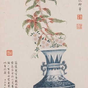 Chinese school: 'Archaic vase filled with flowers', ink and colour on paper, Cixi seal mark, 19/20th C. — photo 1
