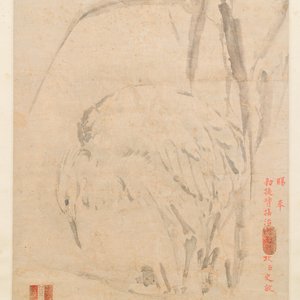 Chinese school, auteur onbekend, in de collectie van Shi Min 史敏 (1415-?): 'Reiger en kalmoes', aquarel op papier, gedateerd 1427 maar wellicht later — foto 1
