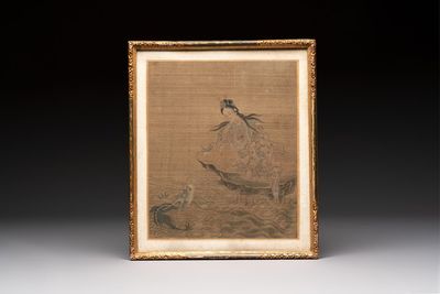 Chinese school: 'Bodhisattva and a Dragon', ink and colour on silk, 19th C.