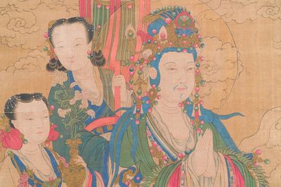 Chinese school: 'Bodhisattva met twee dienaren', inkt en kleur op zijde, 18/19e eeuw