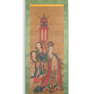 Chinese school: 'Bodhisattva met twee dienaren', inkt en kleur op zijde, 18/19e eeuw — foto 2
