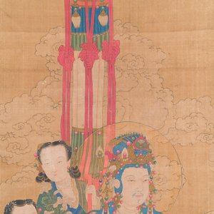 Chinese school: 'Bodhisattva met twee dienaren', inkt en kleur op zijde, 18/19e eeuw — foto 4