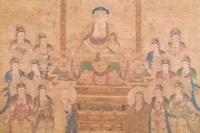 Chinese school: 'Buddha seated on a lotus throne', ink and colour on silk, 18/19th C.