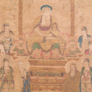 Chinese school: 'Buddha seated on a lotus throne', ink and colour on silk, 18/19th C. — 照片 1