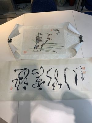 Chinese school: 'Calligraphy' and 'Sparrow', ink and colour on paper, 20th C. — photo 1