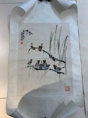 Chinese school: 'Calligraphy' and 'Sparrow', ink and colour on paper, 20th C. — photo 6
