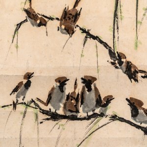 Chinese school: 'Calligraphy' and 'Sparrow', ink and colour on paper, 20th C. — photo 9