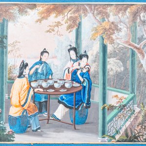 Chinese school, Canton, aquarel op papier, 18/19e eeuw: 'Een opiumroker' en 'Etende dames' — foto 4