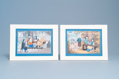 Chinese school, Canton, aquarel op papier, 18/19e eeuw: 'Twee scènes met muzikantes'