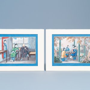 Chinese school, Canton, watercolour on paper, 18/19th C.: 'An opium smoker' and 'Ladies at lunch' — photo 1