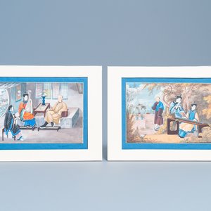 Chinese school, Canton, watercolour on paper, 18/19th C.: 'Two scenes with female musicians' — 照片 1