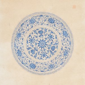 Chinese school, colour on paper, 19th C.: 'A blue and white porcelain Yuan period dish' — photo 2