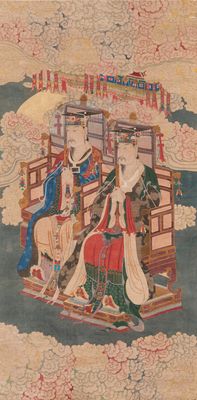 Chinese school: 'Deities in heaven', ink and colour on silk, Qing