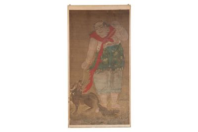 Chinese school: 'Deity and foo dog', ink and colour on silk, 16/17th C.
