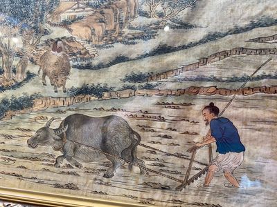 Chinese school: 'Drie scènes uit de rijstproductie', inkt en kleur op zijde, 19e eeuw — foto 1