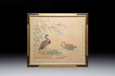 Chinese school: 'Ducks among Blossoms by the Water', ink and colour on silk, 20th C.