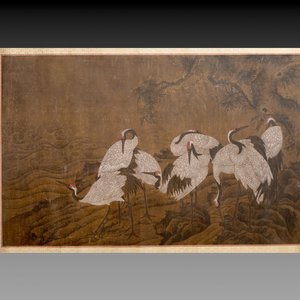 Chinese school: 'Eight cranes under a pine tree', ink and colour on silk, probably Qing — photo 1