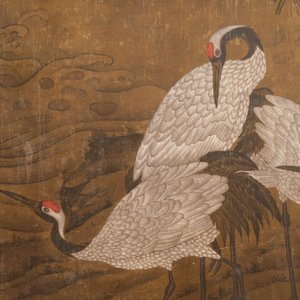 Chinese school: 'Eight cranes under a pine tree', ink and colour on silk, probably Qing — photo 3