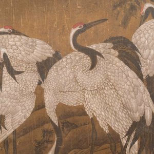 Chinese school: 'Eight cranes under a pine tree', ink and colour on silk, probably Qing — photo 5